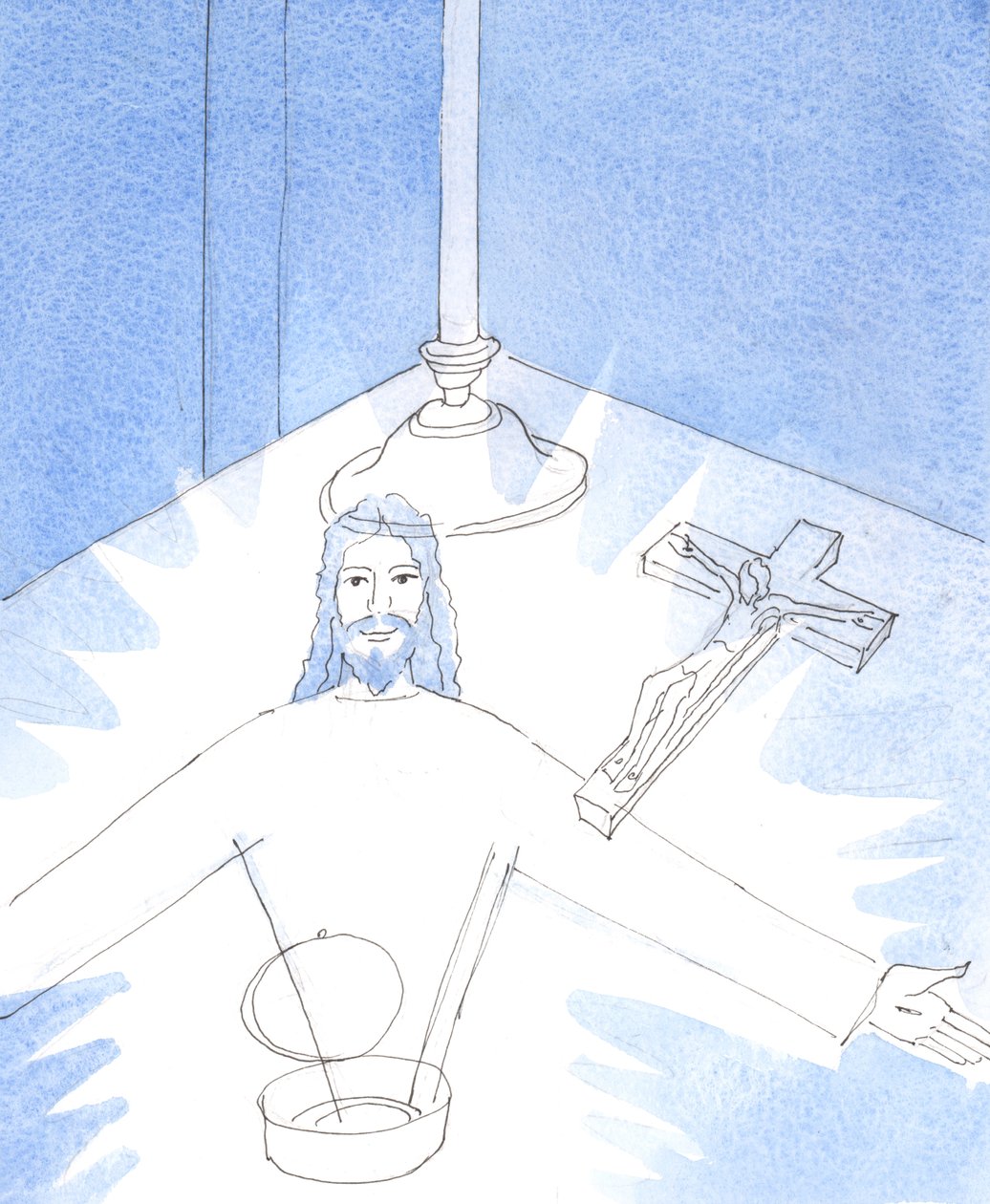 Så snart pyxen öppnades och jag avgudade Jesus, Verkligen närvarande i den heliga värden, visades jag den glada åsynen av Jesus själv, som sträckte ut sina armar för att hälsa mig., 2004 (w/c på papper) av Elizabeth Wang