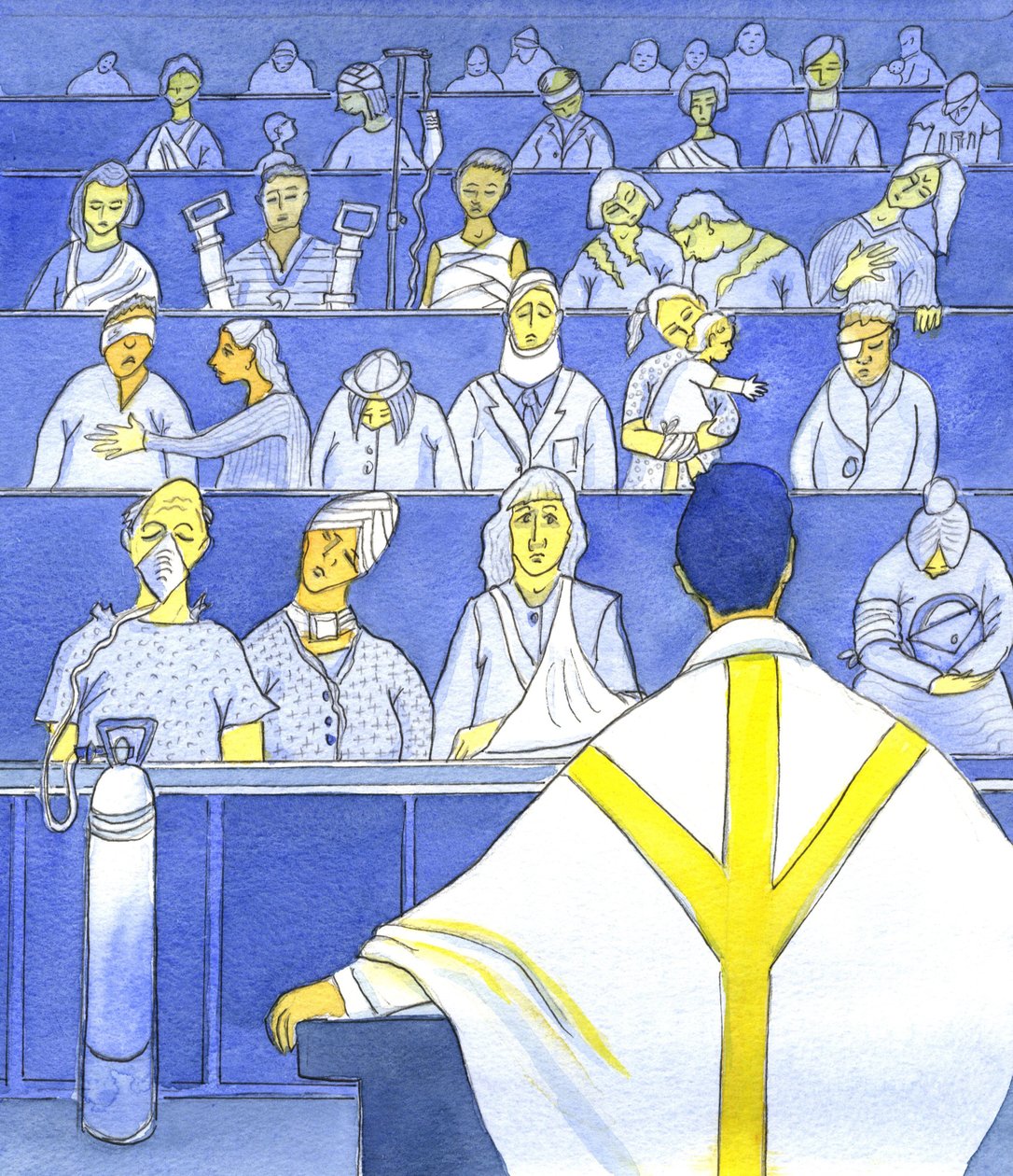 När prästen tittar på sin församling, förbereder sig för att predika och undervisa vid mässan, bör han komma ihåg hur behövande de är, 2001 (w/c på papper) av Elizabeth Wang