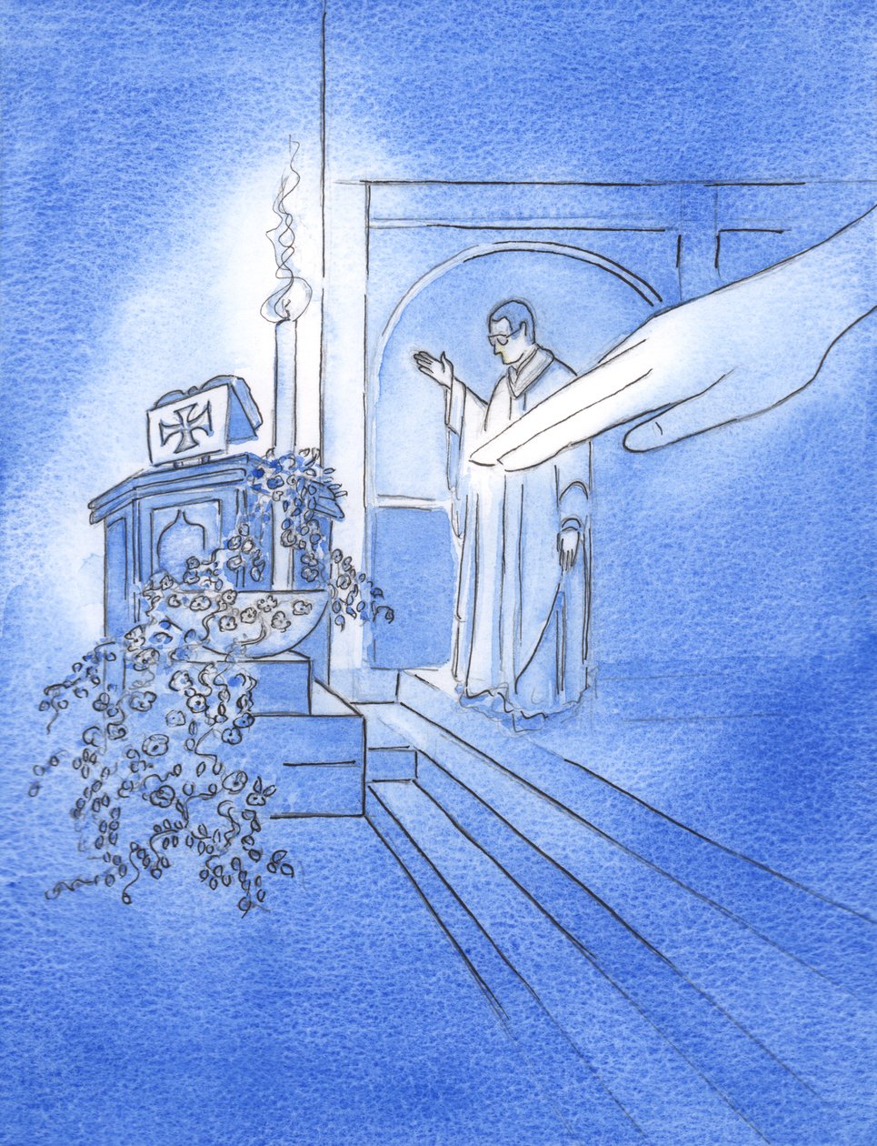 När prästen sträckte ut sin hand för att välsigna vattnet i fonten, vid påsk, sträckte Gud Fader ut sin hand och rörde vid vattnet, 2002 (w/c på papper) av Elizabeth Wang