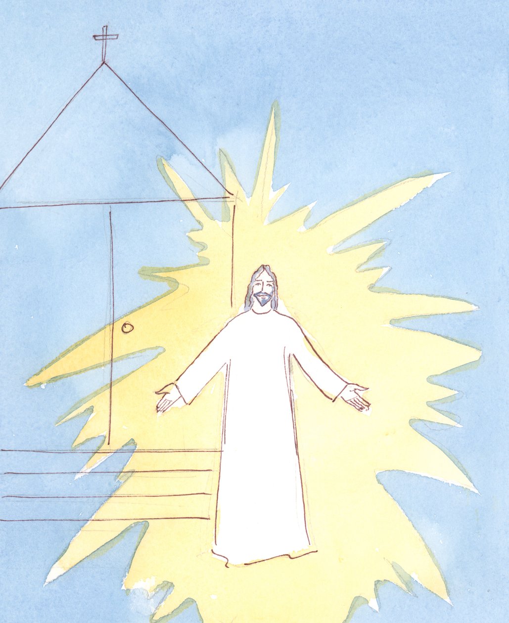 När vi går in i kyrkan hälsar Kristus oss välkomna från tabernaklet. Han njuter särskilt när vi älskar och hedrar hans mor på hennes högtidsdagar., 2004 (w/c på papper) av Elizabeth Wang
