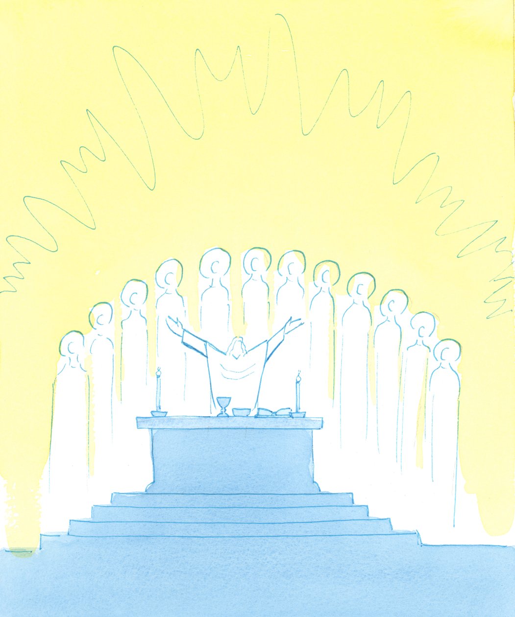 När vi prisar Gud vid mässan, med och genom Kristus, prisar vi honom tillsammans med hela kyrkan, som inkluderar himlens heliga - här omringar altaret - och de heliga själarna, 2003 (w/c på papper) av Elizabeth Wang