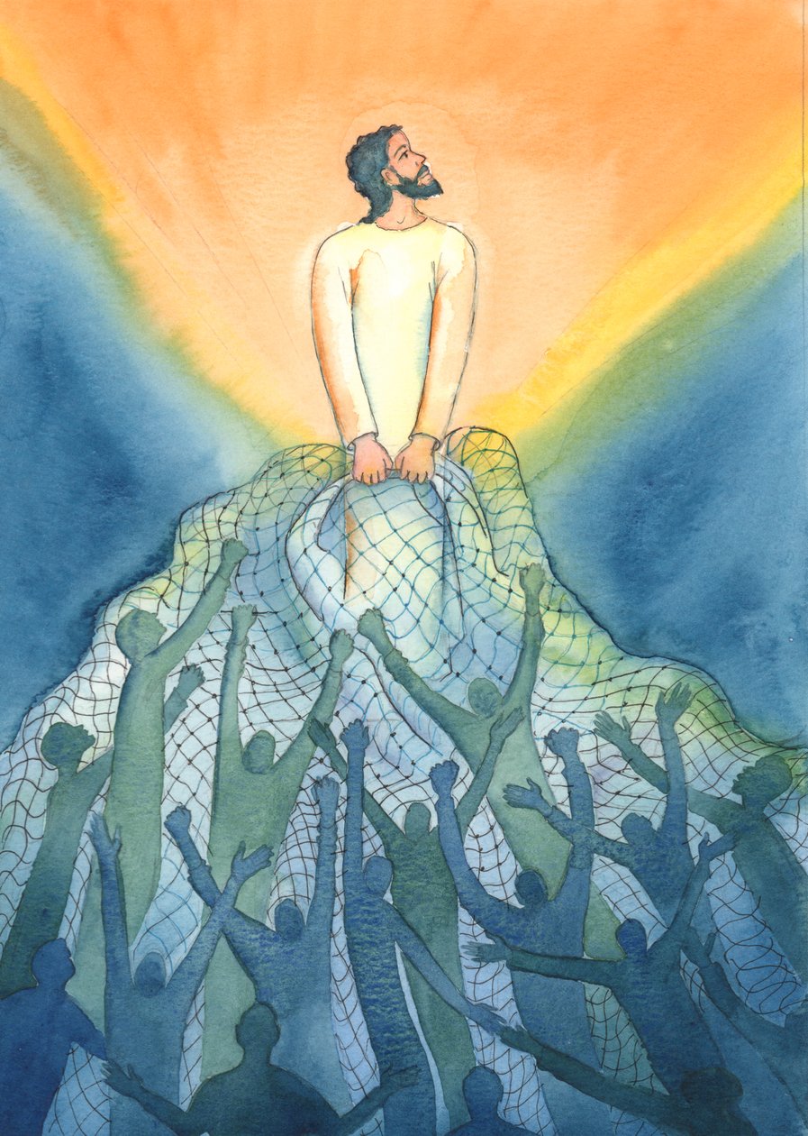På mässan, som en fiskare, drar Jesus in i sitt rike de som älskar honom, 2001 (w/c på papper) av Elizabeth Wang