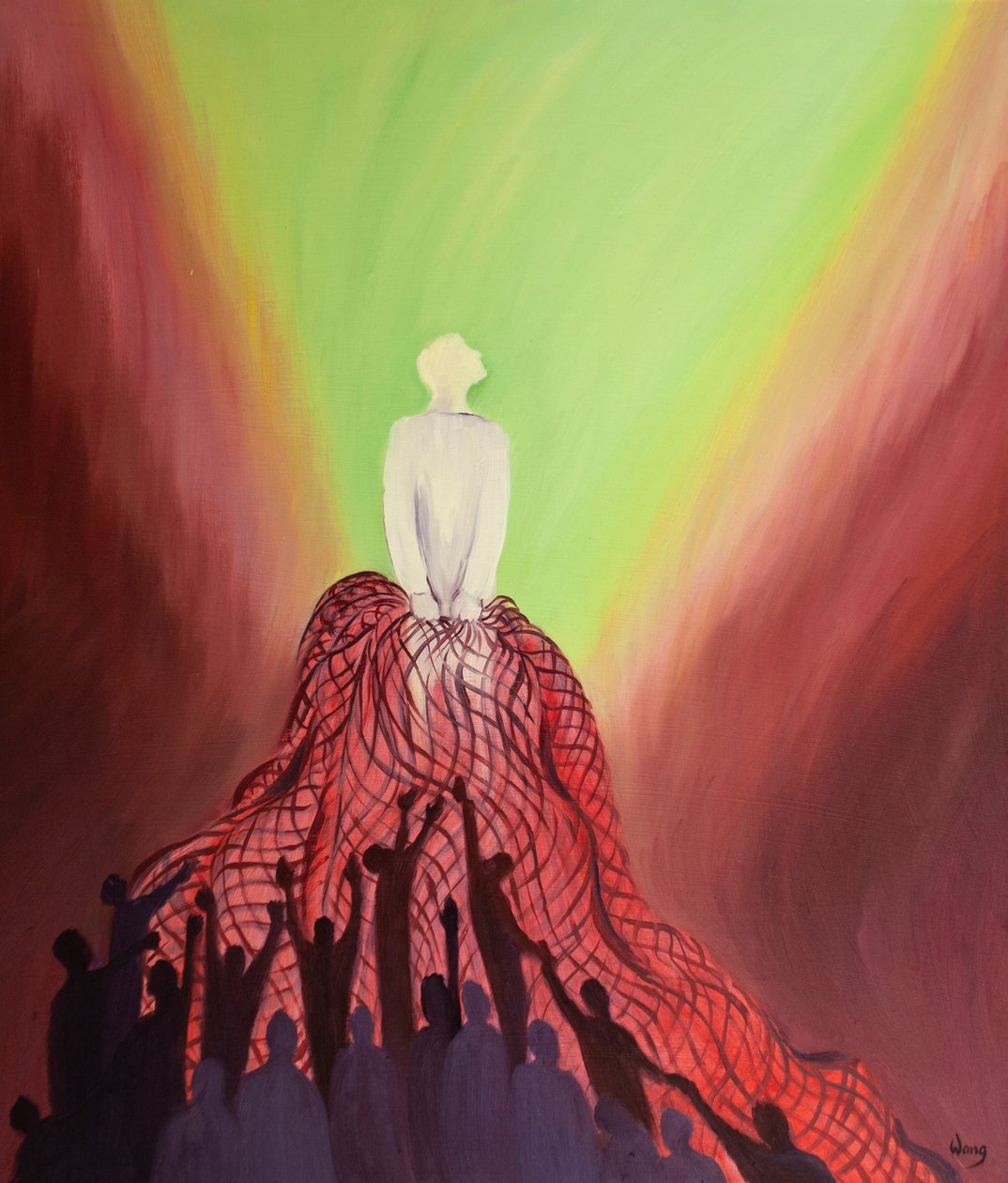 Vid mässan, som en fiskare, drar Jesus in i sitt rike de som älskar honom, 2001 (olja ombord) av Elizabeth Wang