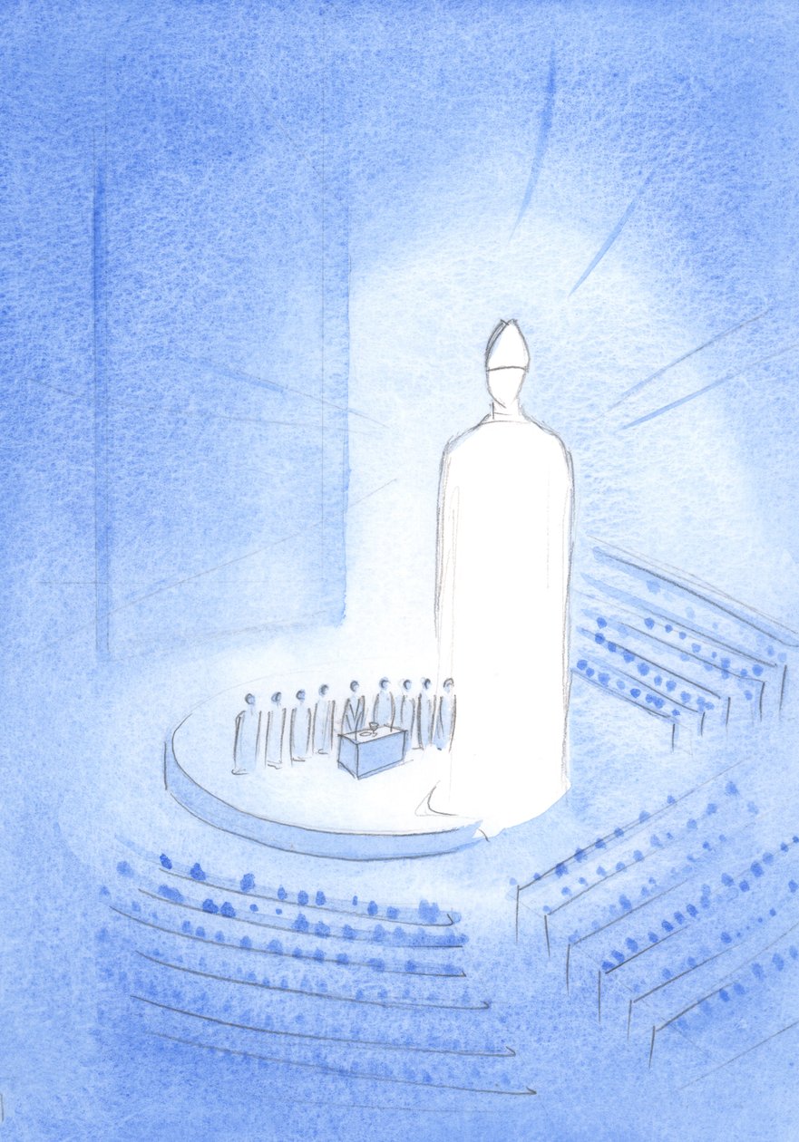 I mitten av basilikan i Knock-helgedomen såg jag Jesus under den heliga mässan; Han flammade av ljus, en gering på huvudet, 2001 (w/c på papper) av Elizabeth Wang