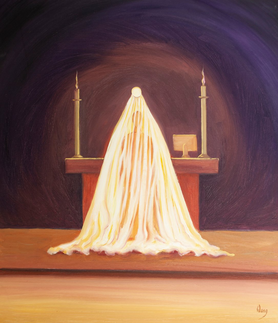 Vid invigningen är Jesus närvarande och älskar oss, fastän beslöjad från vår åsyn., 2001 (olja ombord) av Elizabeth Wang