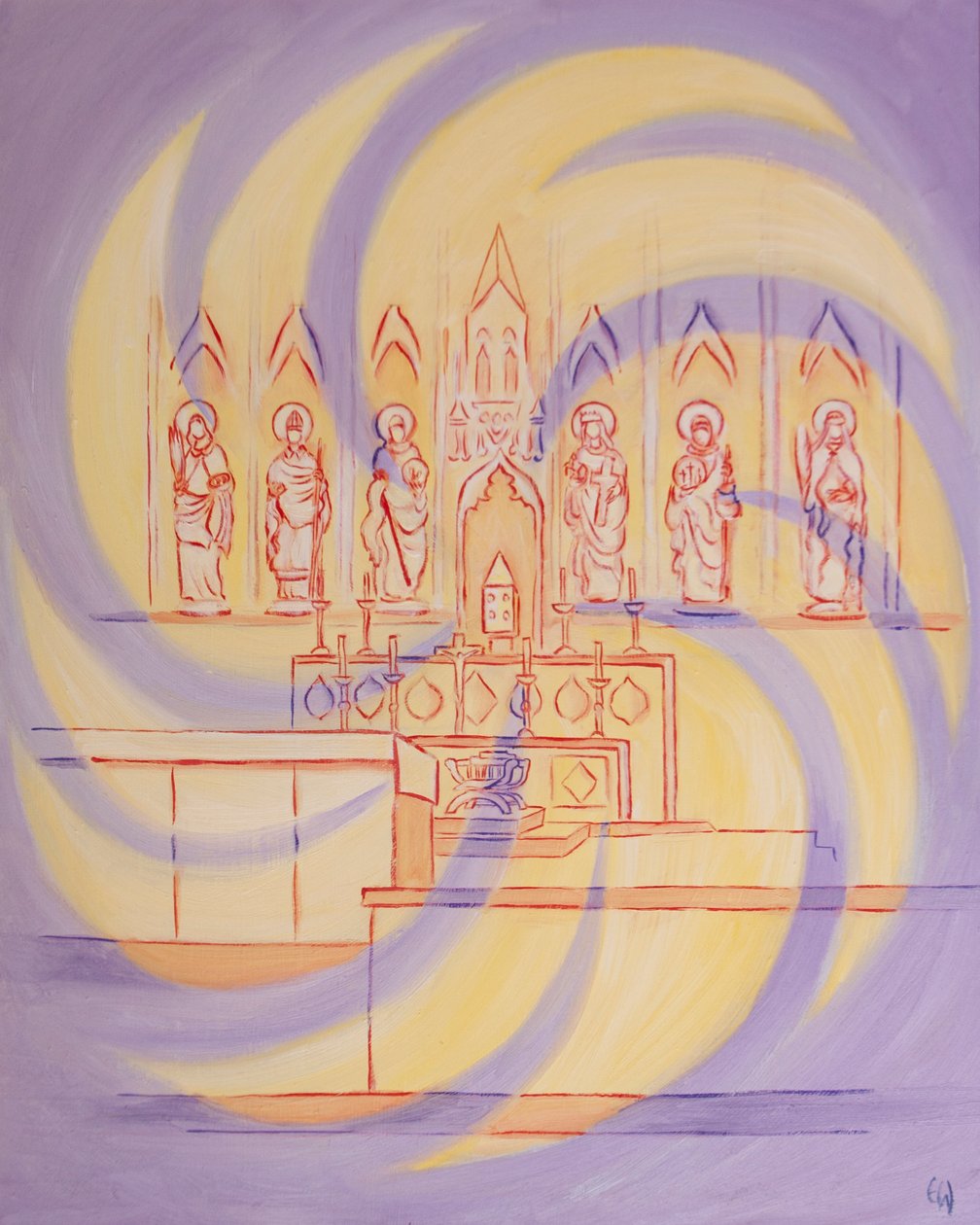 Inför tabernaklet är vi i den levande Gudens närvaro, vars treeniga härlighet fyller kyrkan, 2003 (olja ombord) av Elizabeth Wang