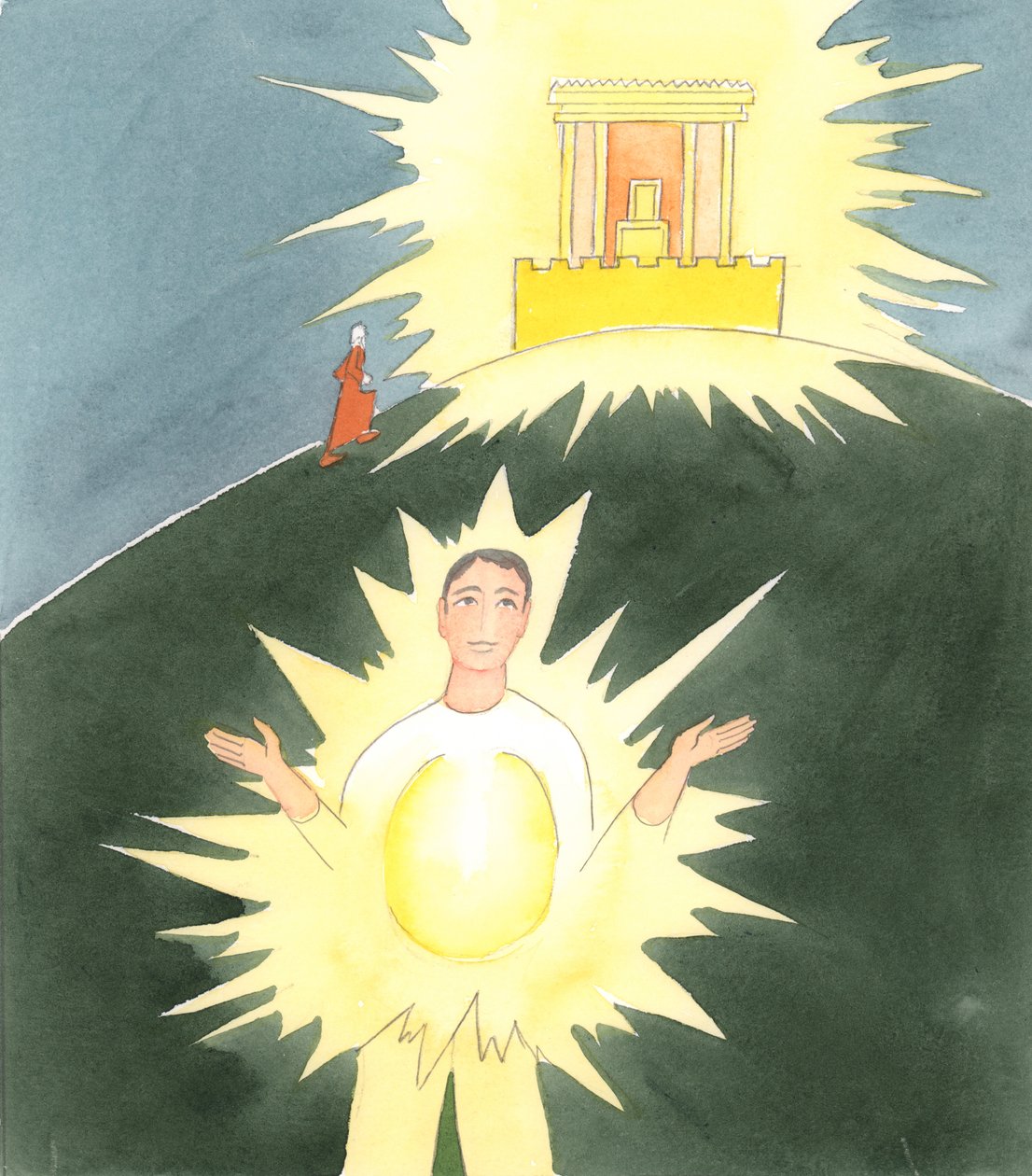Före Kristi tid var människor tvungna att gå till templet i Jerusalem för att vara där Gud hade kommit ner på ett speciellt sätt, 2004 (w/c på papper) av Elizabeth Wang
