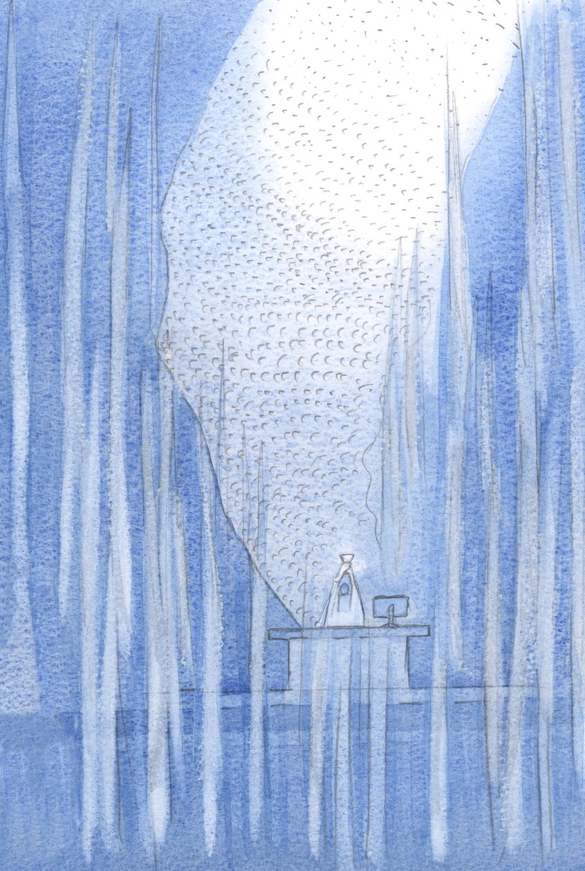 Bortom tillbedjare och änglar skedde en delning av slöjan; tusentals heliga själar prisade Fadern genom Kristus., 2001 (w/c på papper) av Elizabeth Wang