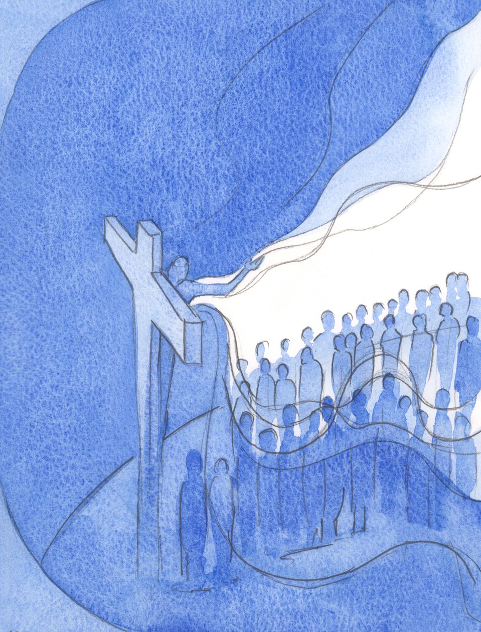 Genom sin gudomliga medkänsla, och i solidaritet med sitt eget folk på jorden, döljde Kristus hela mänsklighetens synder., 2001 (w/c på papper) av Elizabeth Wang