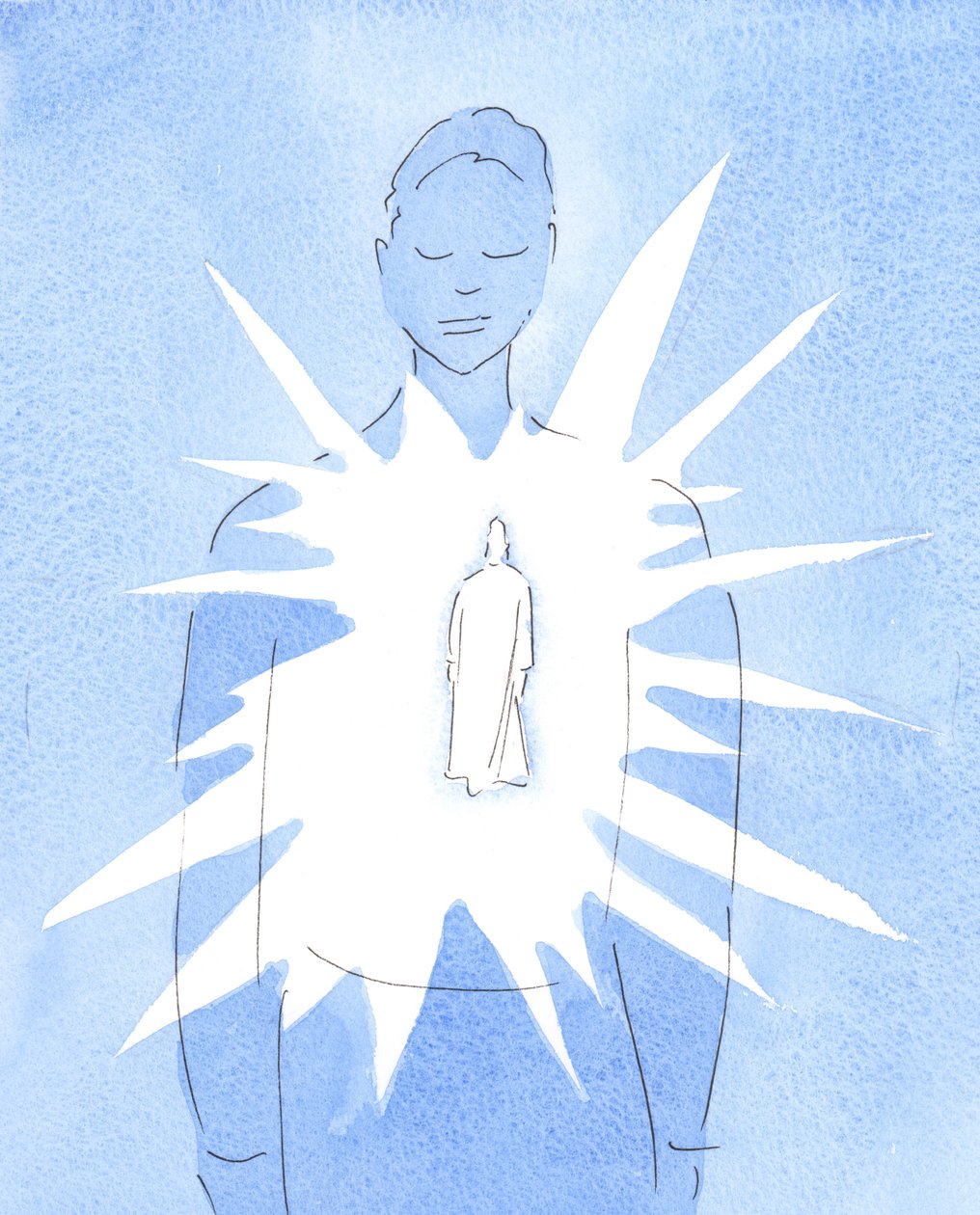 Genom den helige Ande är Kristus närvarande i den döptes själ, lyser ut sin kärlek och visdom, strålar ut själen med gudomlig glädje och godhet., 2004 (w/c på papper) av Elizabeth Wang