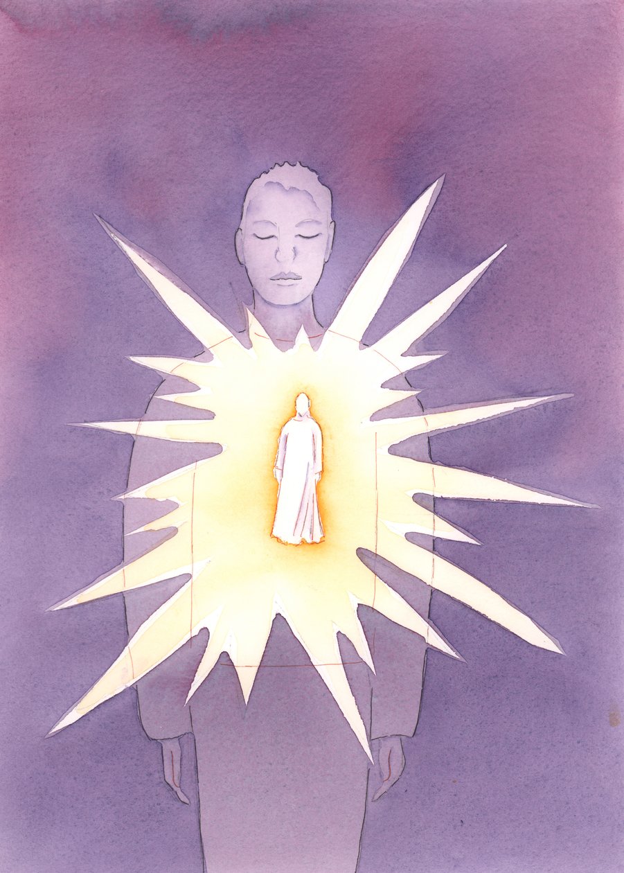 Genom den helige Ande är Kristus närvarande i den döptes själ, lyser ut sin kärlek och visdom, strålar ut själen med gudomlig glädje och godhet., 2004 (w/c på papper) av Elizabeth Wang