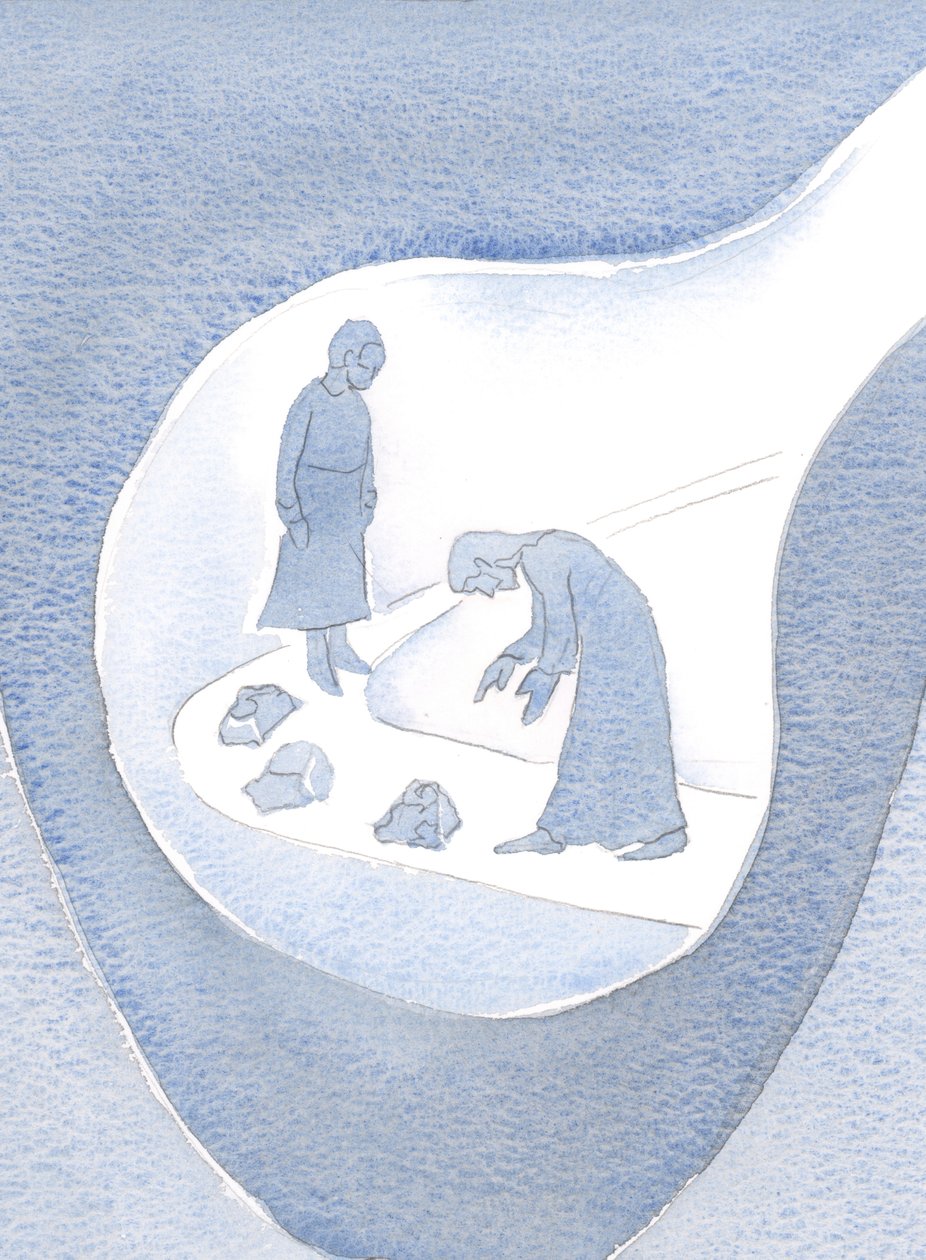 Kristus själv, i sin ödmjukhet, böjer sig för att hjälpa oss, om och om igen; korrigera våra misstag - vårt "skräp", 2000 (w/c på papper) av Elizabeth Wang