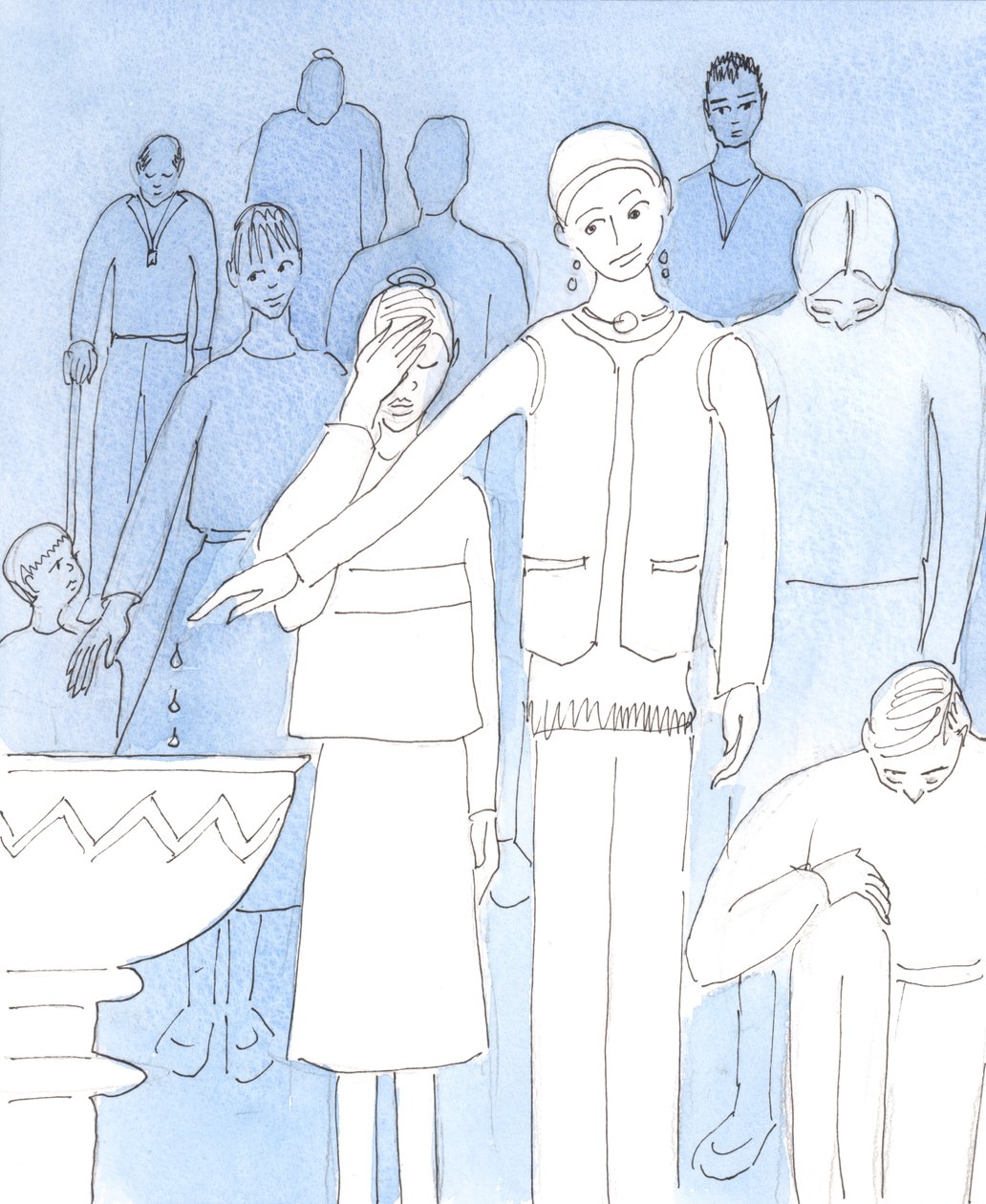 Kristus ber oss att göra en grundläggande omvärdering av våra nuvarande attityder och handlingar som har att göra med vördnad för honom, 2004 (w/c på papper) av Elizabeth Wang