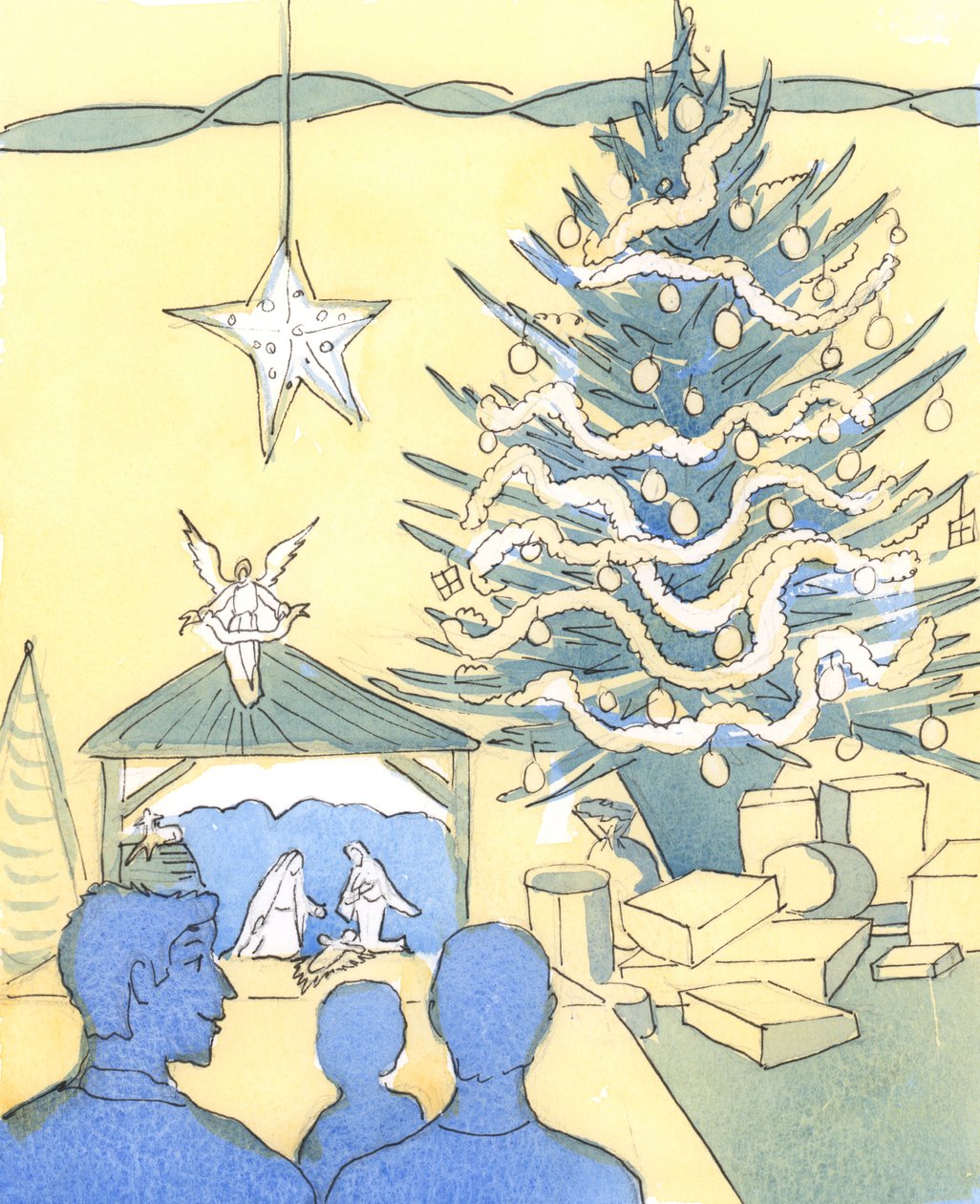 Kristus kom till jorden, för att födas i fattigdom, för vår skull; ändå behöver vi festa såväl som att fasta i Hans kyrka, 2004 (w/c på papper) av Elizabeth Wang