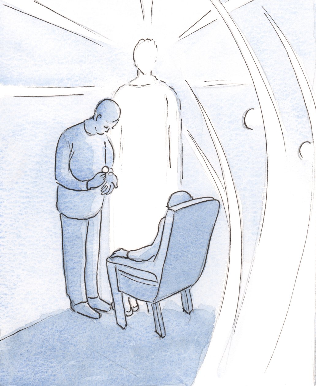Kristus lämnar oss inte ensamma i vår sjukdom och bekymmer, utan kommer till oss i sitt sakrament, åtföljd av änglar., 2001 (w/c på papper) av Elizabeth Wang