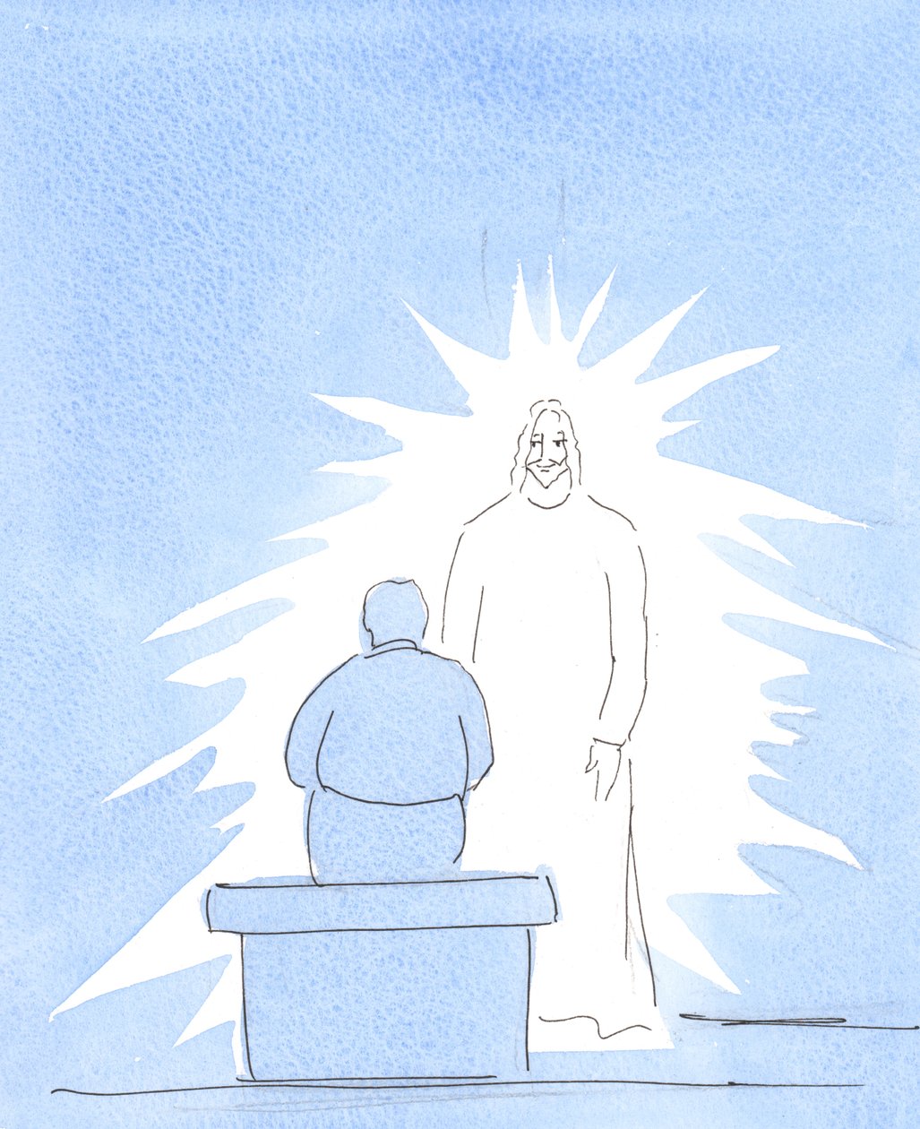 Kristus är kroppsligt närvarande i himlen - som är mycket nära oss. Vi är i kontakt med himlen, i vår bön., 2004 (w/c på papper) av Elizabeth Wang
