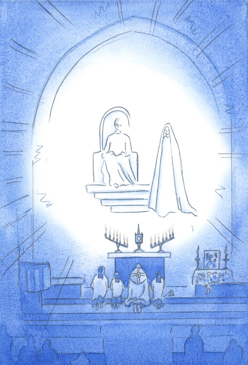 Kristus tronar över oss, i härlighet, vid vår Novena och välsignelse, som är som en himmelsk fest. Vår mamma Mary står glatt nära, 2002 (w/c på papper) av Elizabeth Wang