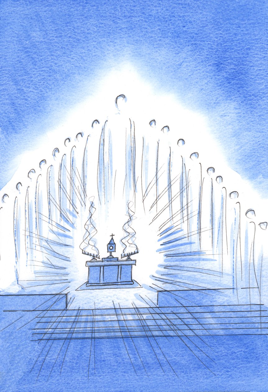 Kristus är närvarande med sina heliga änglar vid vår novena och välsignelse; och Our Lady njuter av vår ogenerade tillgivenhet, 2002 (w/c på papper) av Elizabeth Wang