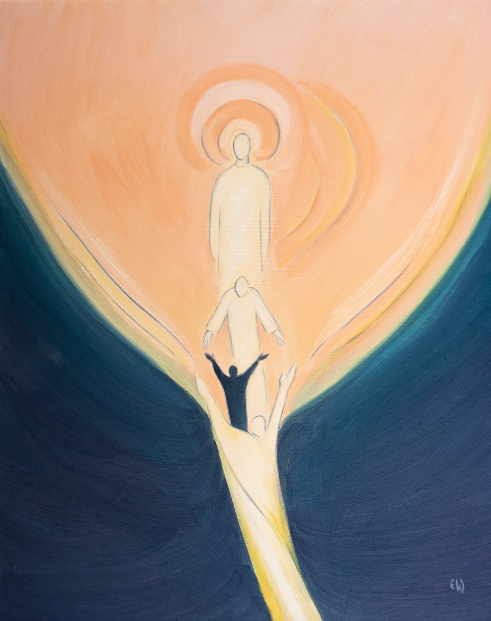 Kristus lutar sig från himlen och drar oss, med den helige Andes kraft, till Guds hjärta, 2001 (olja ombord) av Elizabeth Wang