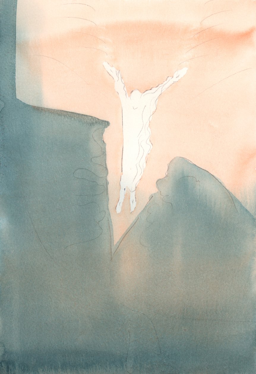 Kristus hoppar kärleksfullt in i våra hjärtans fruktansvärda mörka djup., 2001 (w/c på papper) av Elizabeth Wang