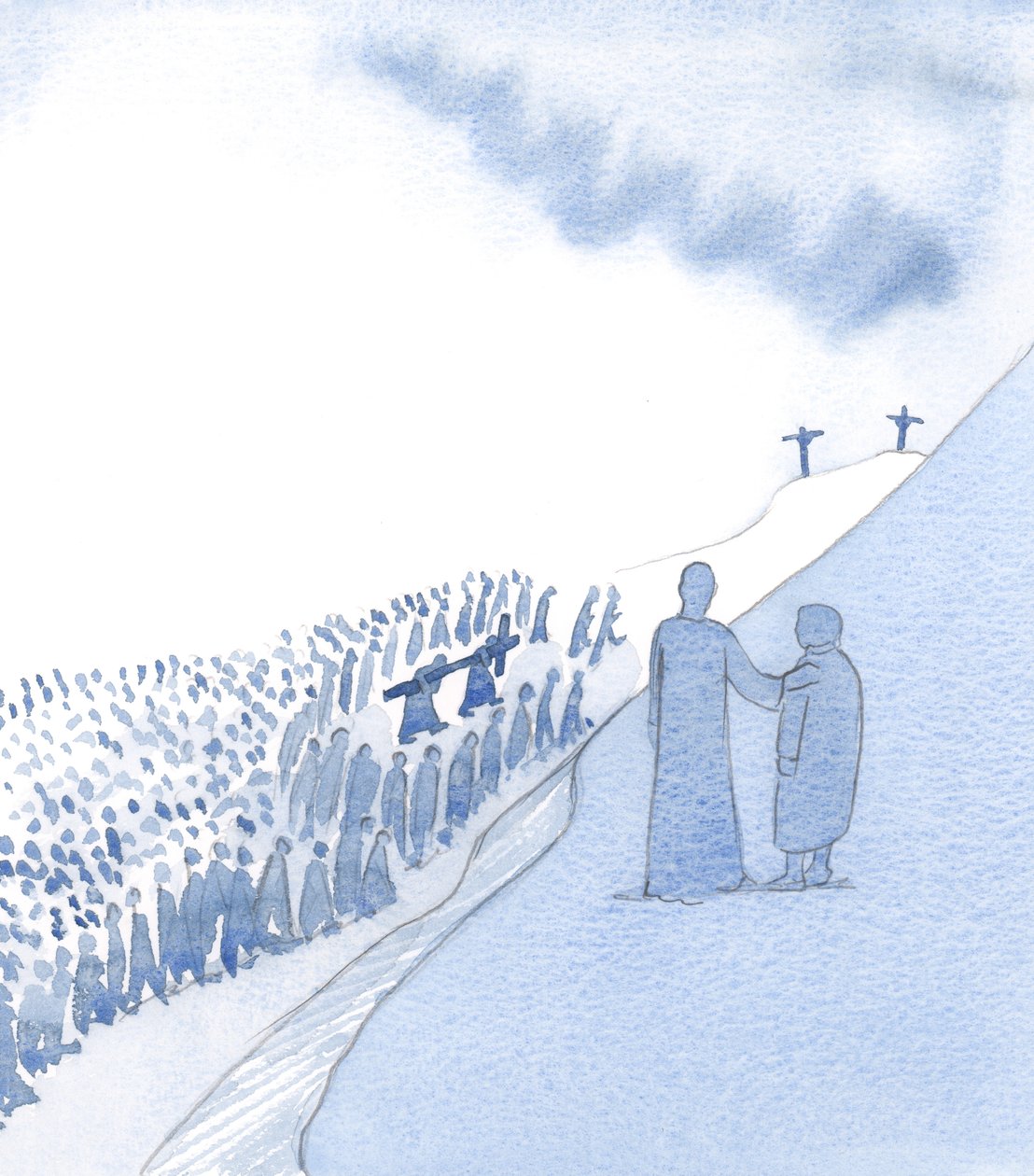 Kristus ser ömt på vår hågkomst av hans heliga lidande. Han älskar vår hängivenhet och ser hur vi går framåt i ödmjukhet., 2000 (w/c på papper) av Elizabeth Wang
