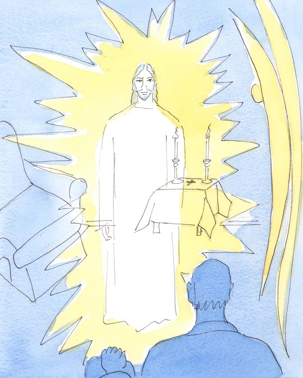 Kristus vår Gud som regerar i evig härlighet, är verkligen närvarande i det välsignade sakramentet i kyrkan och i hemmen för de sjuka som tar emot nattvarden, 2004 (w/c på papper) av Elizabeth Wang