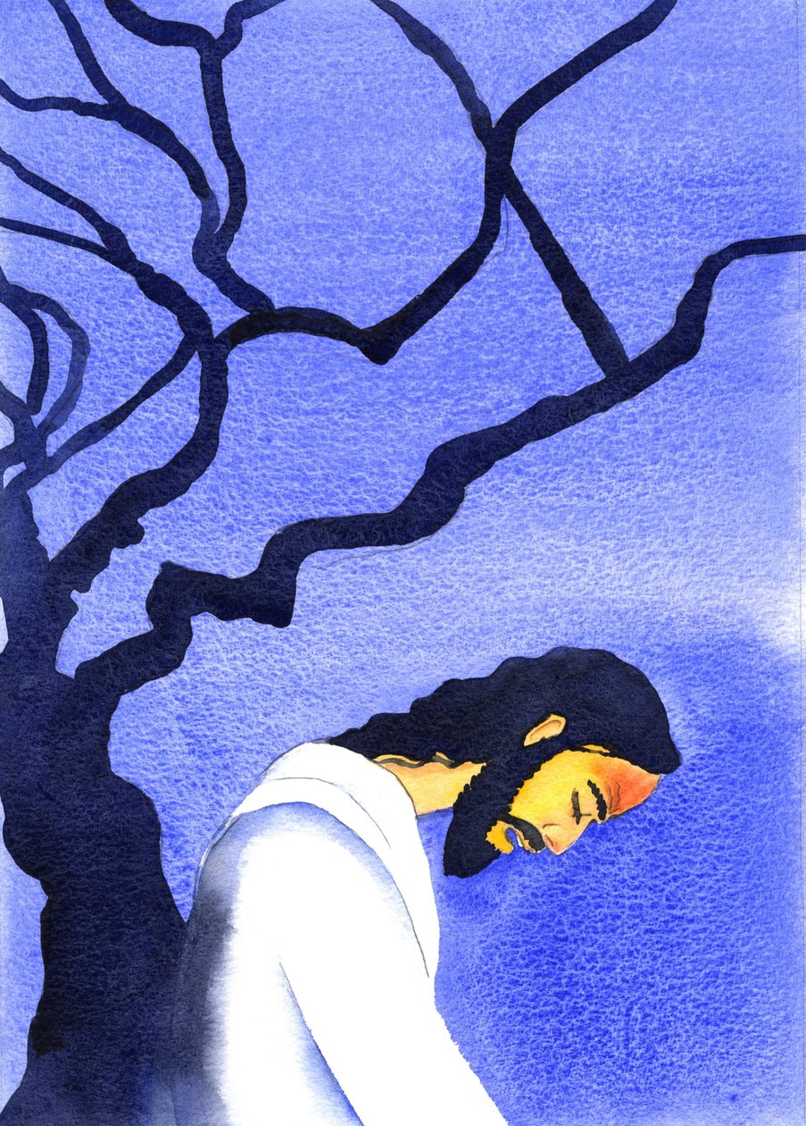 Kristus bad i vånda till sin Fader, i Getsemane, svettande blod och tänkte på de fasor som väntar, 2001 (w/c på papper) av Elizabeth Wang
