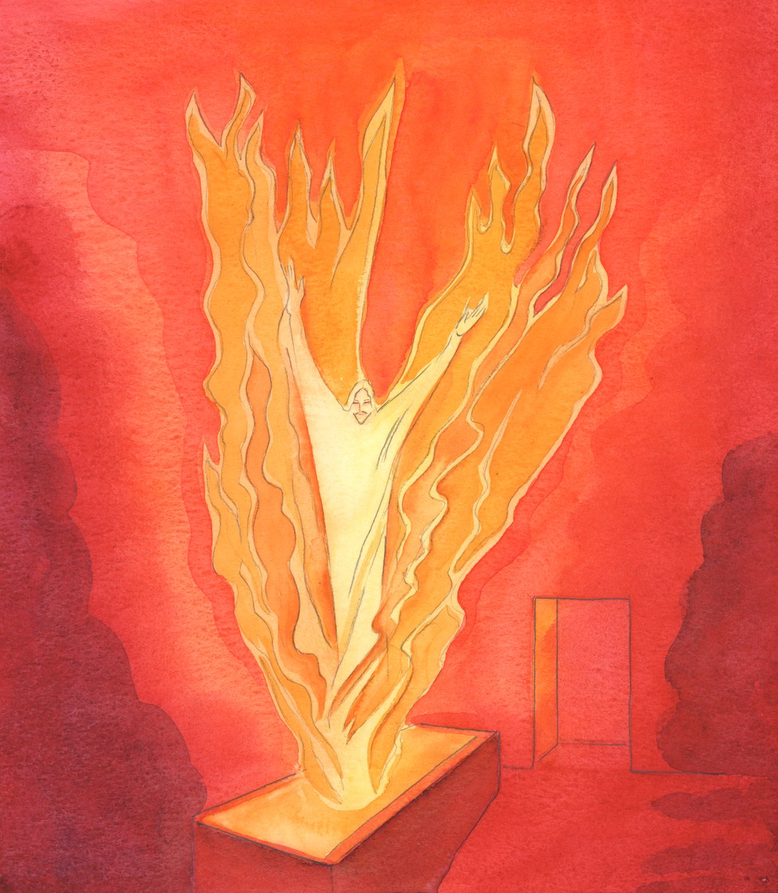 Kristus reste sig från graven i härlighet vid påsk, förvandlad, som i en flammande välgörenhetseld, när den Helige Ande befriade honom från dödens träldom, 2003 (w/c på papper) av Elizabeth Wang