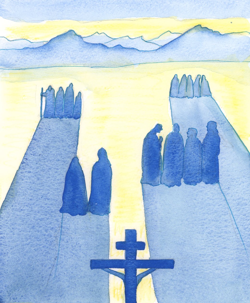 Kristus såg, från korset, en skara åskådare: de förbryllade, de nyfikna, de fientliga och de sympatiska, 2003 (w/c på papper) av Elizabeth Wang