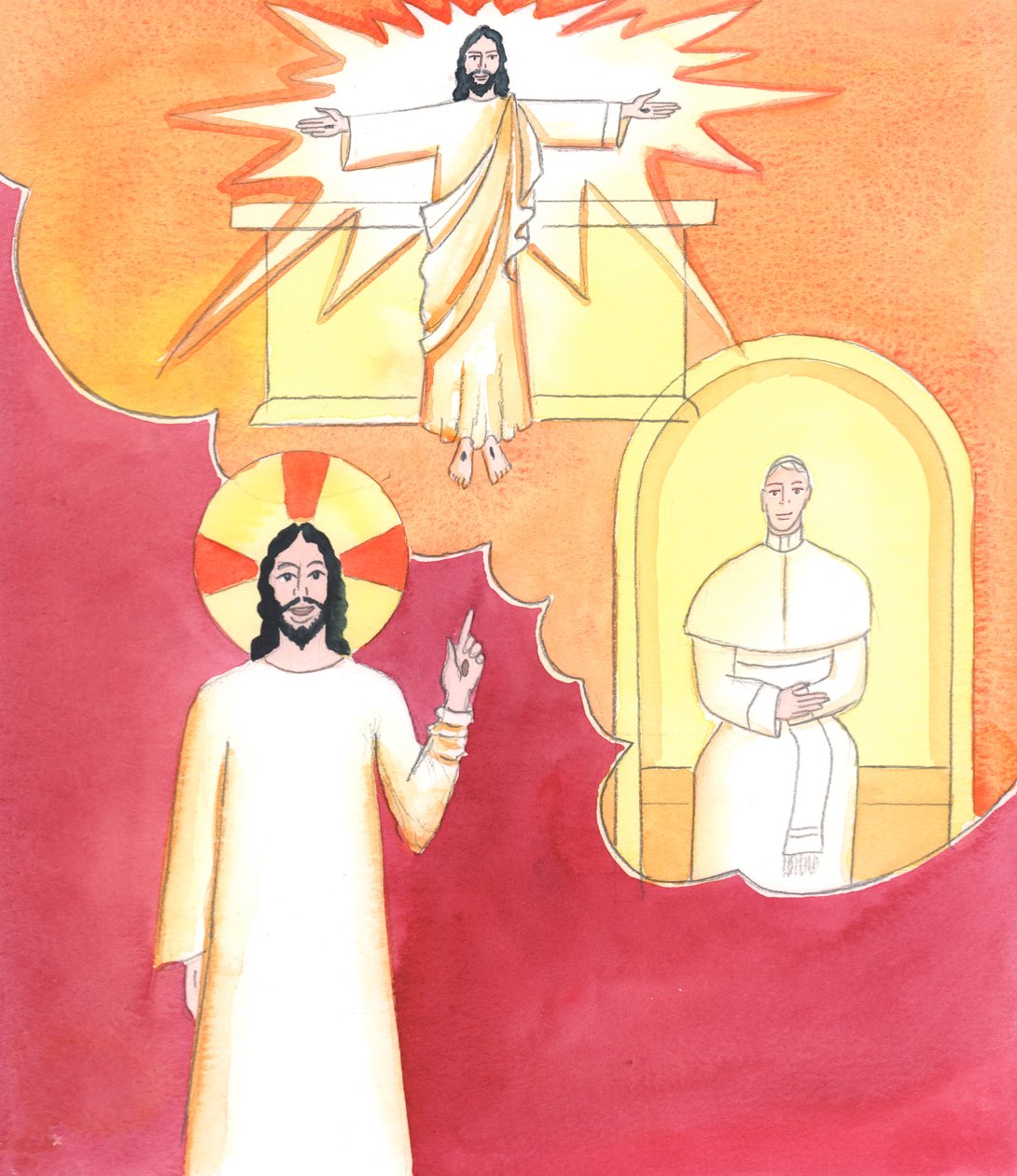 Kristus ser hur svårt det kan vara att hitta en bra katekes för en frågeställare, i en tid då många oliktänkande i kyrkan erbjuder sina egna versioner av den katolska tron, 2001 (w/c på papper) av Elizabeth Wang