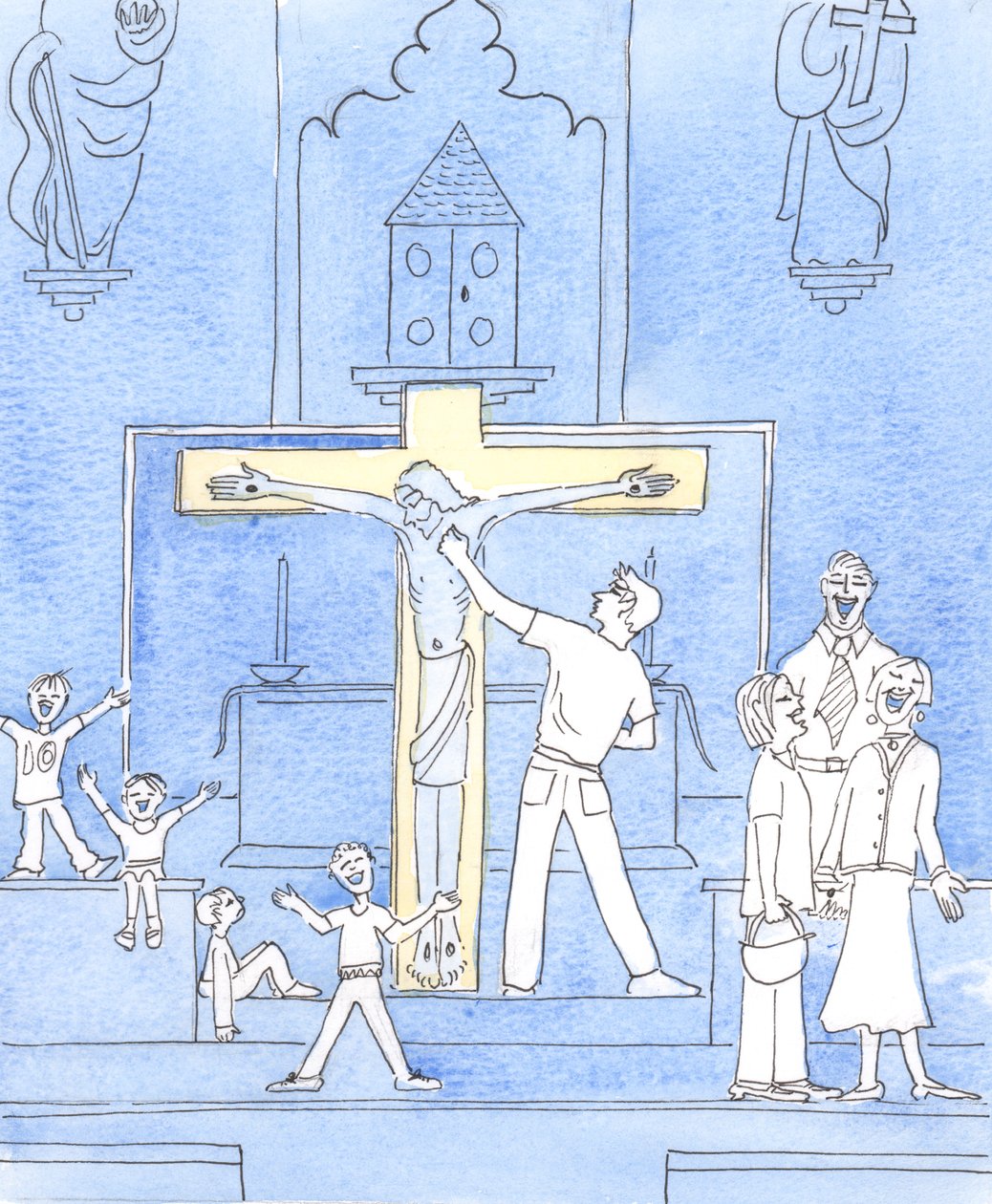 Kristus ser vårt beteende i kyrkan - en del dåligt beteende på grund av okunnighet, en del på grund av slarv eller brist på kärlek till honom, 2002 (w/c på papper) av Elizabeth Wang