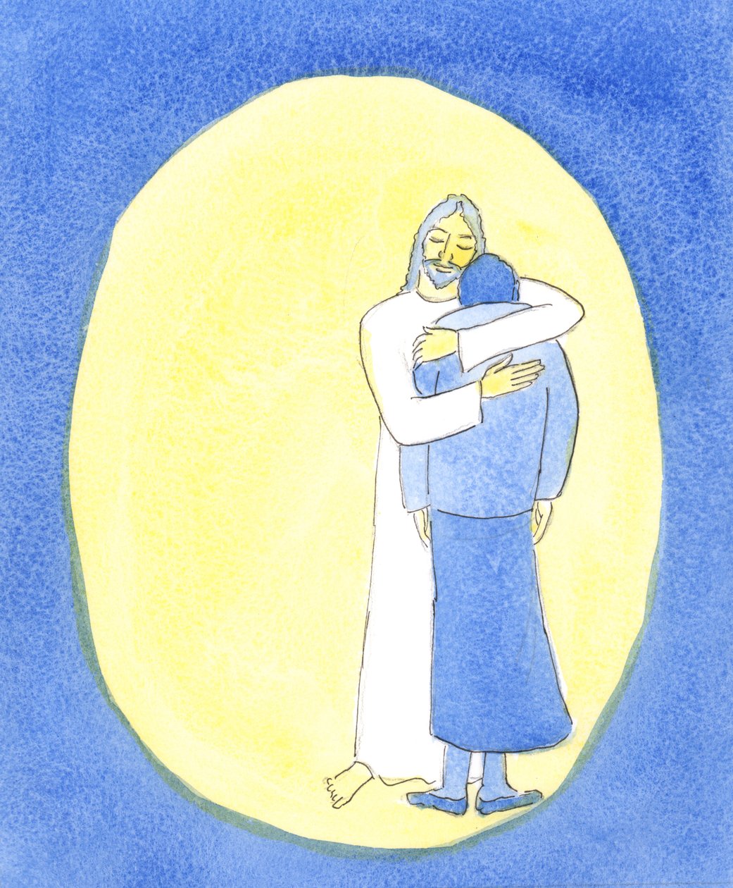 Kristus visade mig i nattvarden att han kramade mig, som man kramar ett barn för att trösta henne, för att hjälpa mig igenom mina svårigheter., 2004 (w/c på papper) av Elizabeth Wang