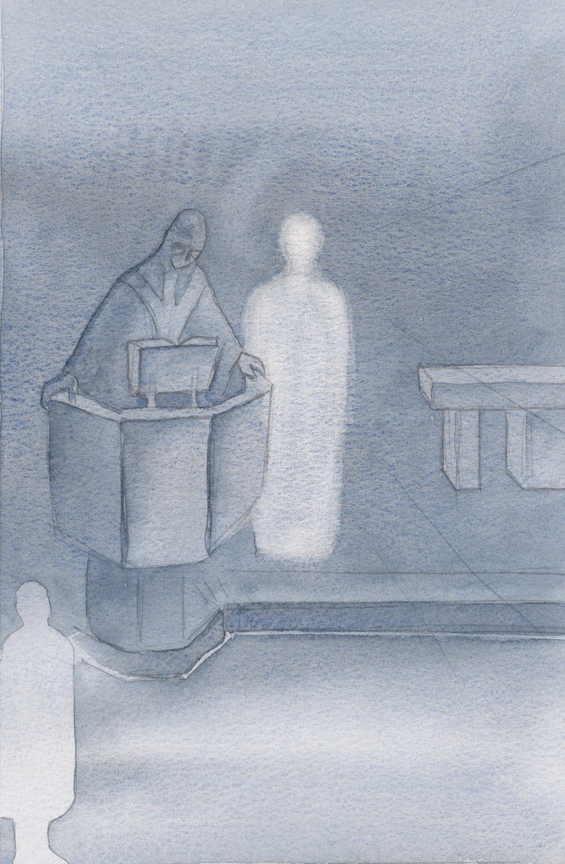 Kristus stod bredvid prästen som läste det heliga evangeliet för oss alla, vilket var Kristi eget ord., 2000 (w/c på papper) av Elizabeth Wang