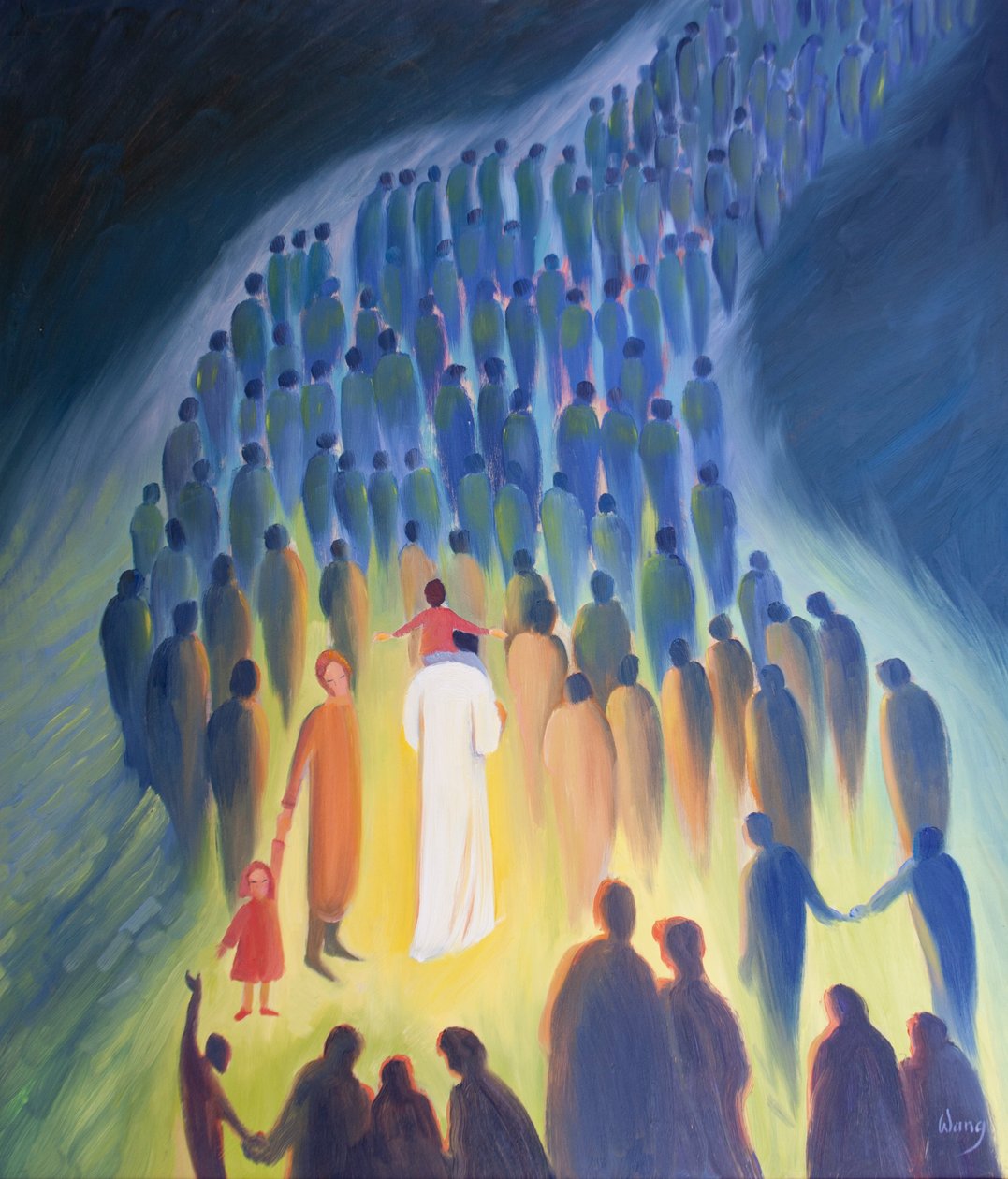 Kristus vandrar bland sitt folk, med pilgrimerna och de sjuka, ett barn på sina axlar, 2001 (olja ombord) av Elizabeth Wang