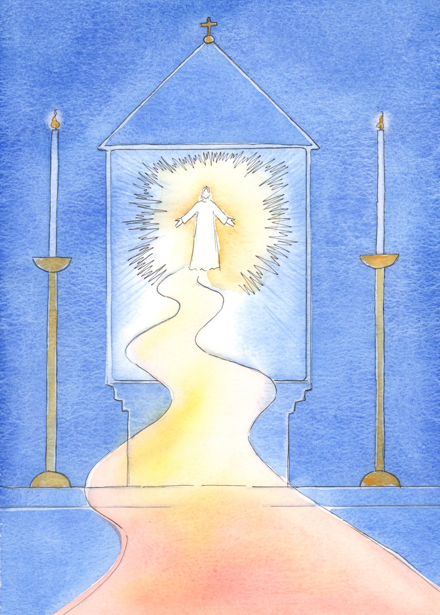 Kristus som välkomnar oss till tabernaklet väntar också på att välkomna oss till himlen - om vi har omvänt oss från våra synder, 2003 (w/c på papper) av Elizabeth Wang