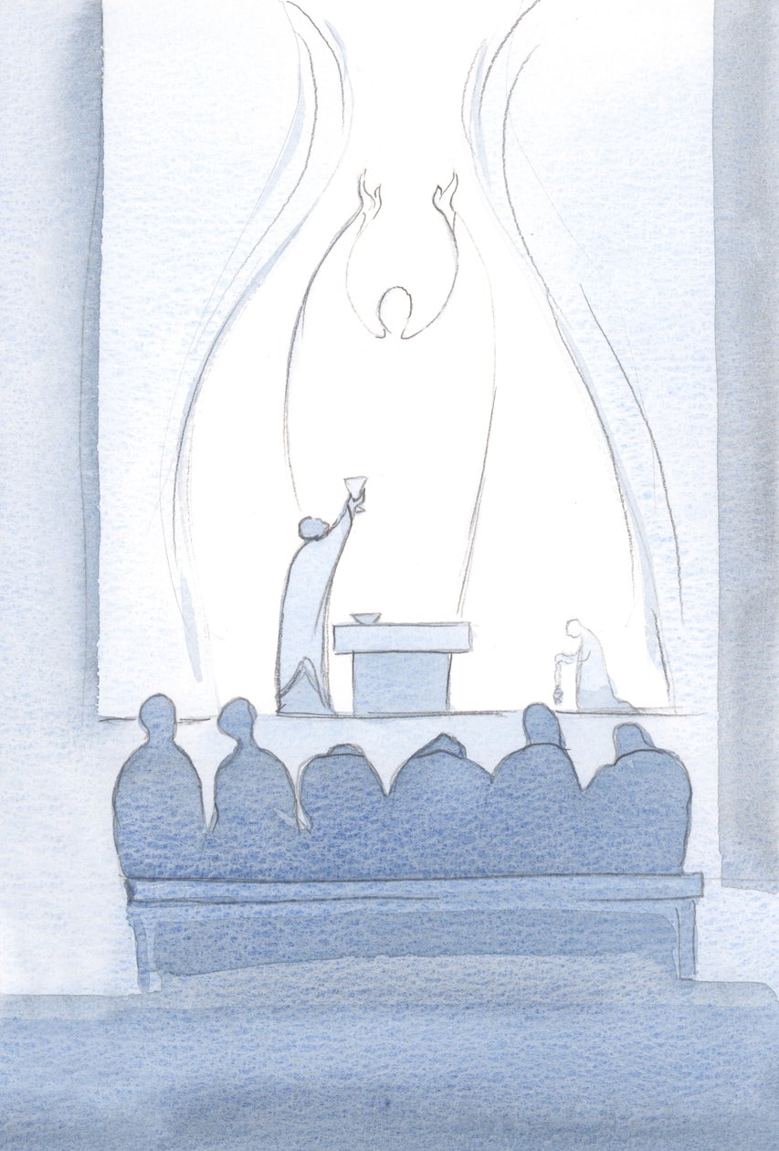 Kristi offerbön är perfekt. Den tillhör oss, och den inkluderar alla våra behov., 2000 (w/c på papper) av Elizabeth Wang