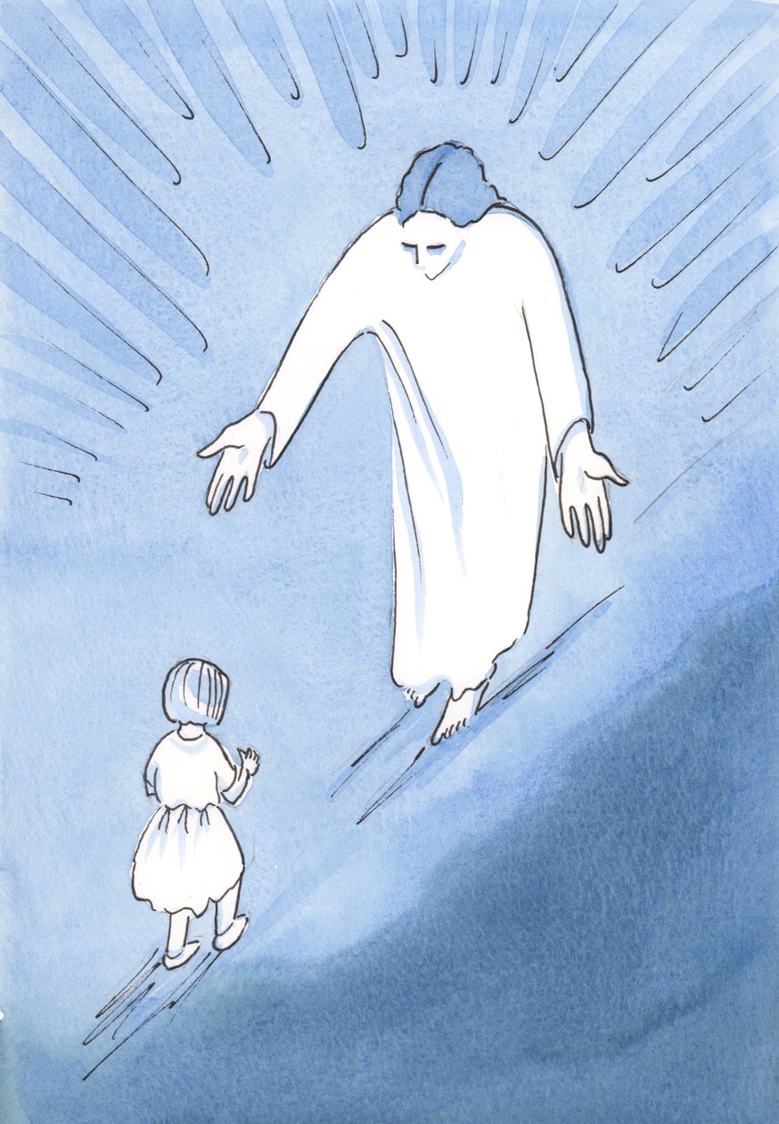 Svåra steg: lära sig gå, lära sig följa Kristus, 2001 (w/c på papper) av Elizabeth Wang