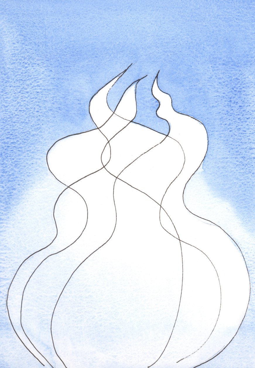 Varje gudomlig person, varje låga, har samma gudomliga natur. Tillsammans är de en Gud, en eld, 2002 (w/c på papper) av Elizabeth Wang