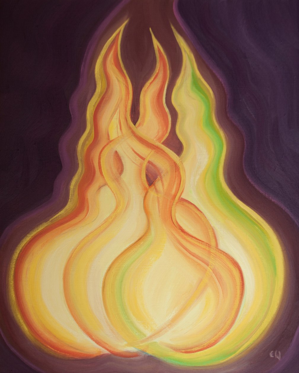 Varje gudomlig person, varje låga, har samma gudomliga natur. Tillsammans är de en Gud, en eld, 2002 (olja ombord) av Elizabeth Wang