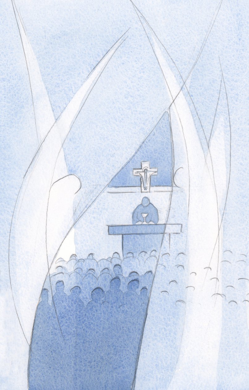 Varje helig skyddsängel lyder Kristi vilja genom att vörda den som Kristus ber honom att vakta., 2001 (w/c på papper) av Elizabeth Wang