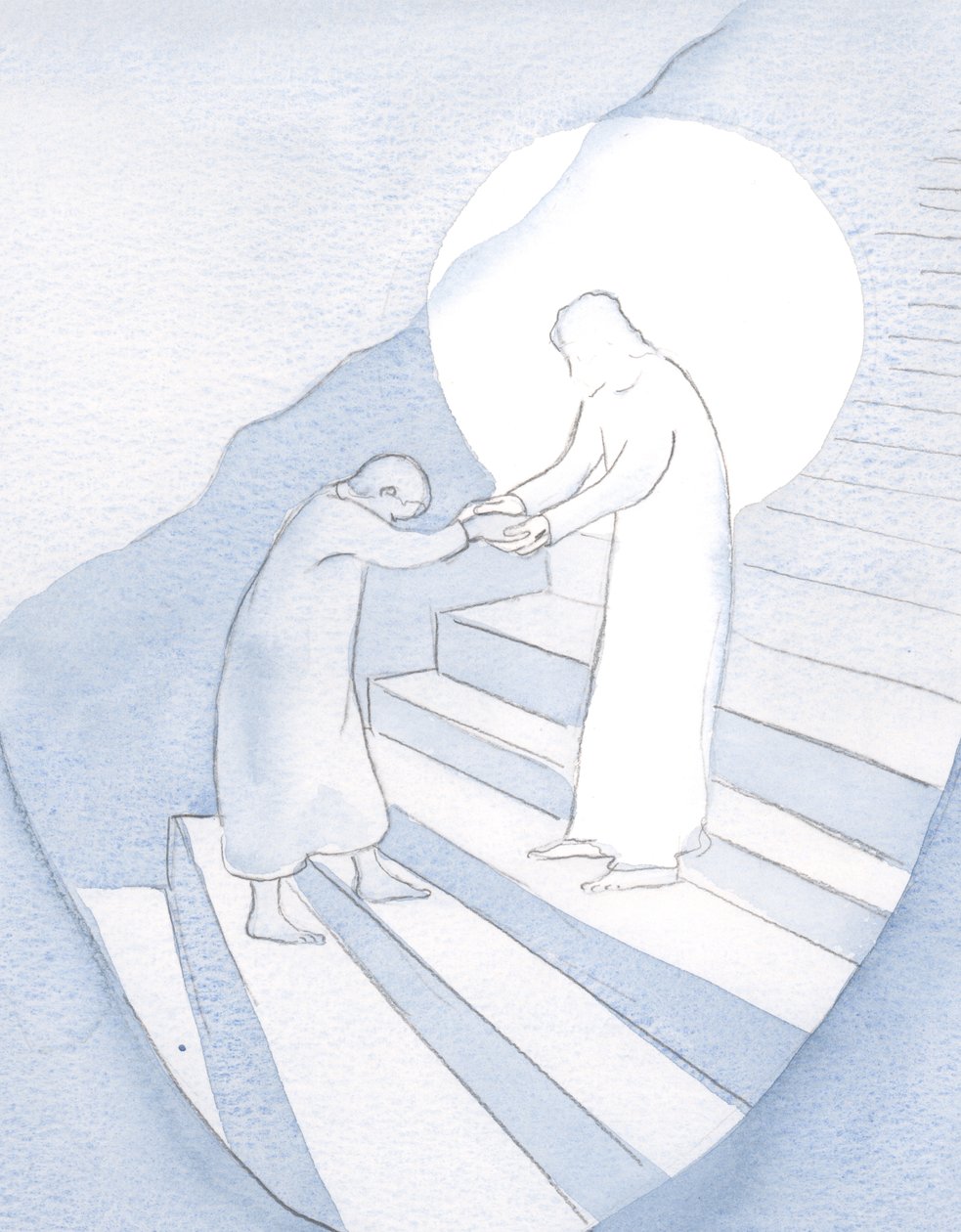 Varje liten självsäker bön gör det möjligt för Kristus att leda oss vidare upp på det heliga berget. Men han ritar oss inte utan vårt samtycke., 2001 (w/c på papper) av Elizabeth Wang