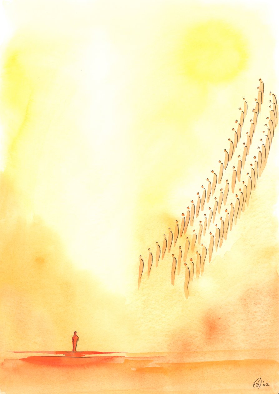 Varje gång vi ber den "Helige, Helige, Helige Herre" förenar vi våra röster med de heliga och änglarna som erbjuder samma lovsång i himlen, 2003 (w/c på papper) av Elizabeth Wang