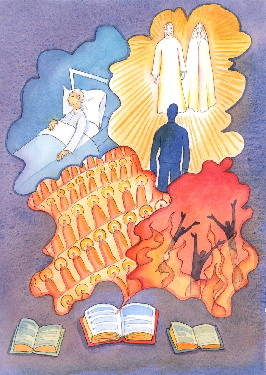 Få böcker idag innehåller kloka ord om de "fyra sista sakerna", som är döden, domen, himlen och helvetet, 2004 (w/c på papper) av Elizabeth Wang