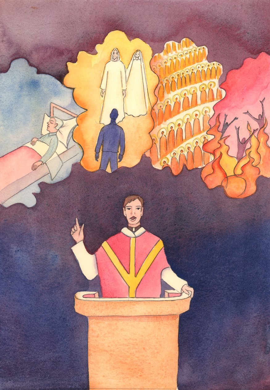 Få människor är modiga nog att tala om de "fyra sista sakerna" - Death, Judgement, Heaven and Hell, 2004 (w/c på papper) av Elizabeth Wang
