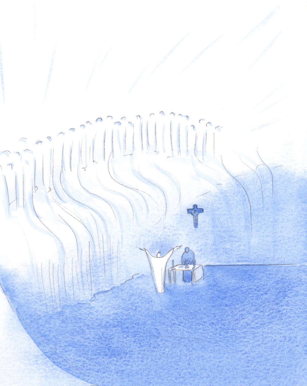 Inifrån oss, vid den heliga mässan, är Kristus förenad med sin Fader i himlen och hälsar också sina heliga i himlen., 2001 (w/c på papper) av Elizabeth Wang