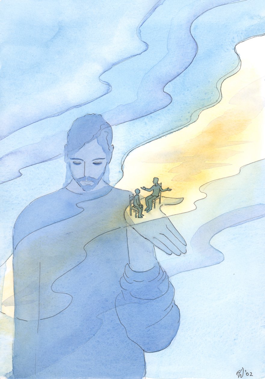Gud håller i existens alla ting och alla människor, inklusive de som ifrågasätter hans existens, 2003 (w/c på papper) av Elizabeth Wang
