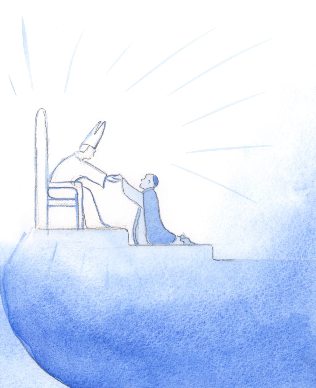 Gud Fadern, "sitter" på tronen i himlen, hälsar med förtjusning varje trofast präst som vaktade sin hjord på jorden, 2002 (w/c på papper) av Elizabeth Wang