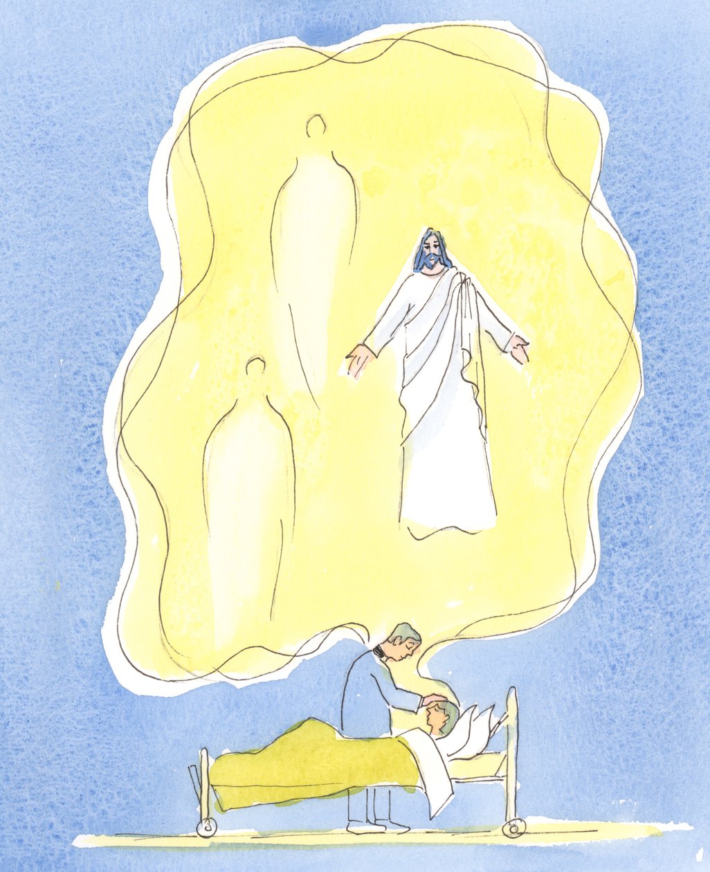 Guds gåva till de sjuka är Jesus Kristus själv, med Fadern och den Helige Ande, En Gud - på jobbet i detta sakrament, 2004 (w/c på papper) av Elizabeth Wang