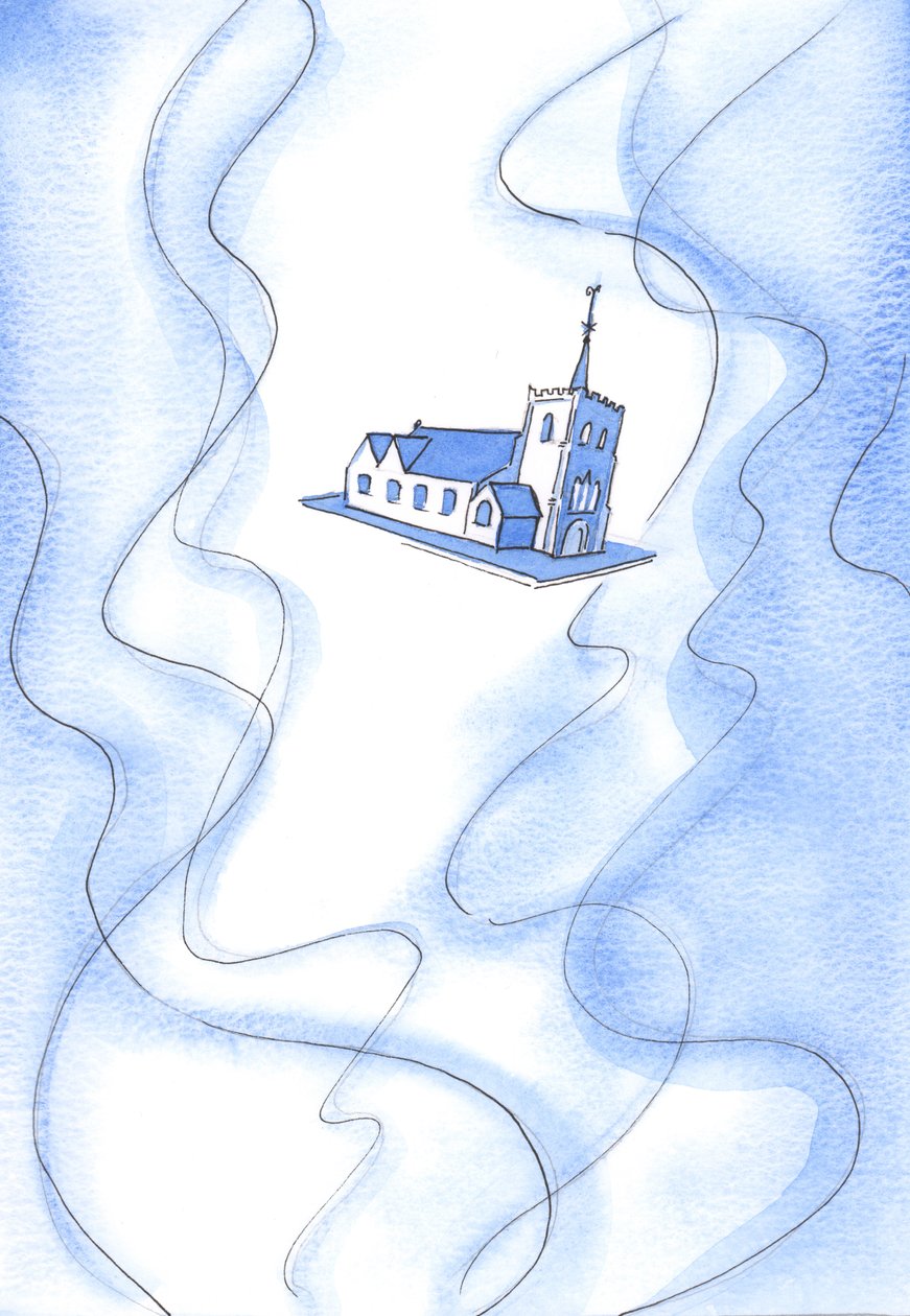Guds helighet är så stor att den – på en gång – fyller vår kyrka, men samtidigt håller hela byggnaden i osynligt ljus och eld, 2002 (w/c på papper) av Elizabeth Wang