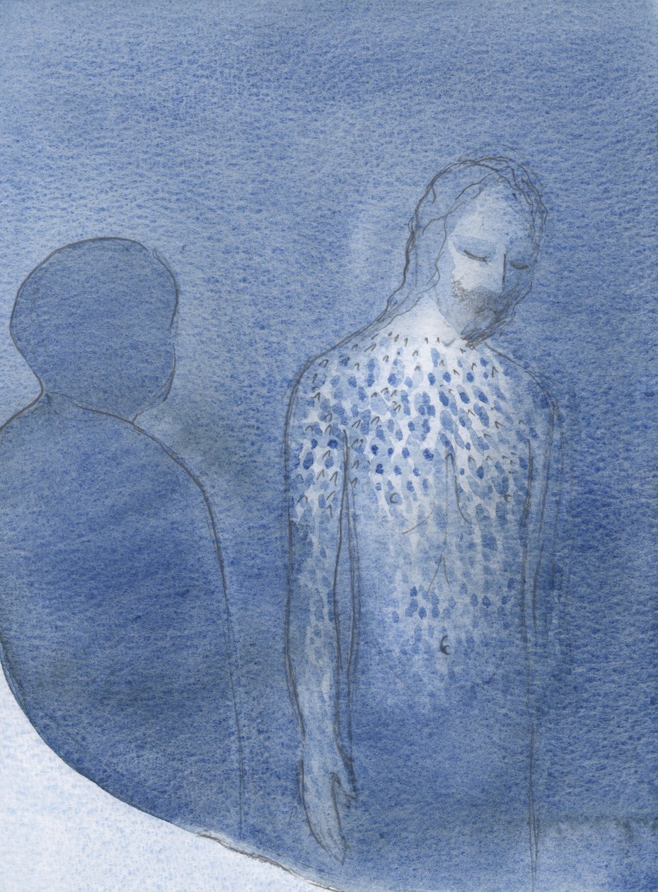 Han visade mig utseendet på hans sår efter hans gissling, och visade hur våra uppoffringar, förenade med hans, kan frambäras i en bön till Fadern., 2001 (w/c på papper) av Elizabeth Wang